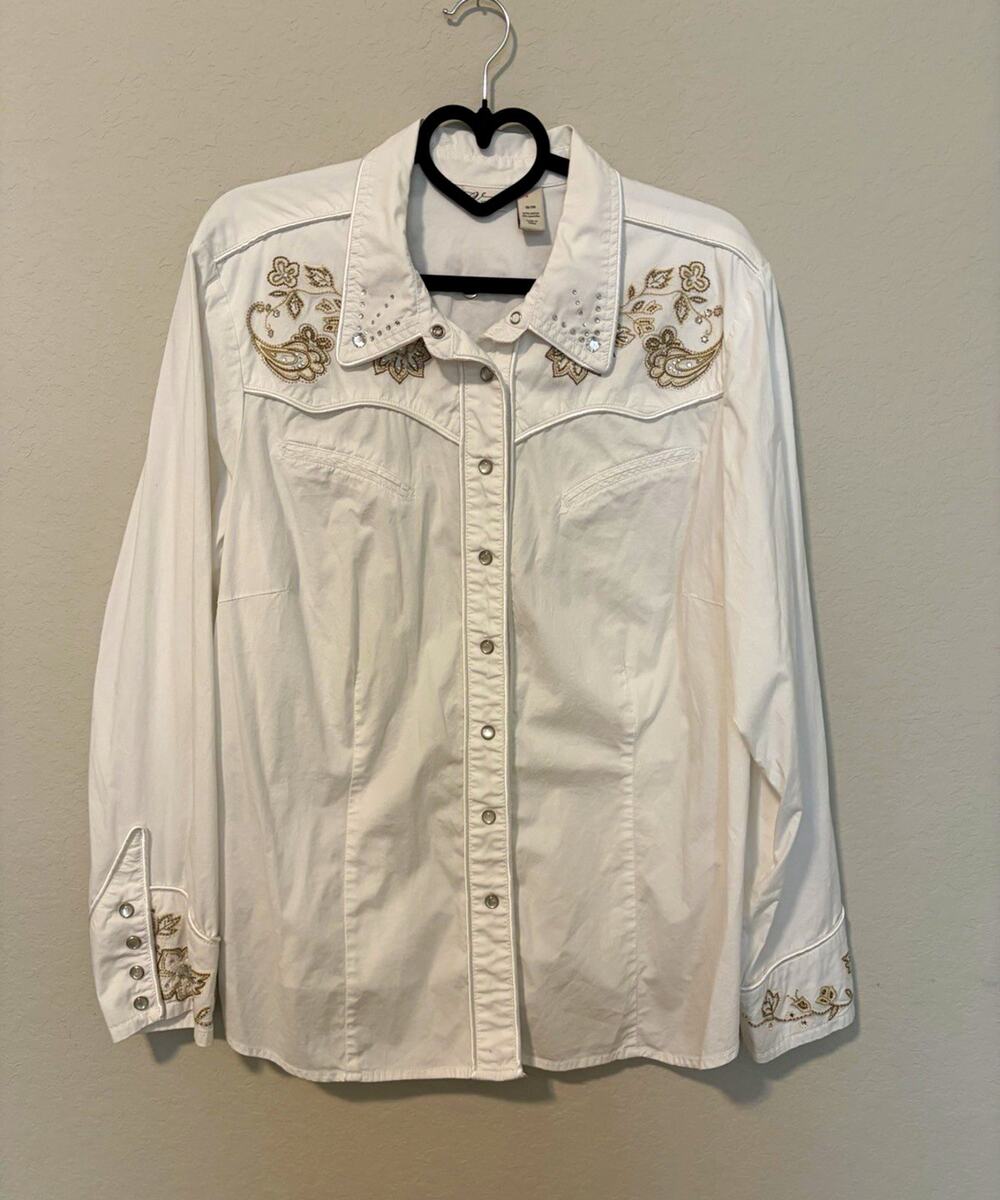 Venezia Women’s Plus 18-20 White Western Snap Long Sleeve Embroidered Rhinestone